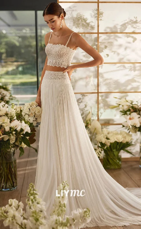 LW519 -  A-Line Two Piece Straps Lace Tulle High Side Slit Long Boho Wedding Dress with Sweep Train