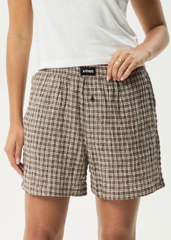 AFENDS Womens Base - Seersucker Check Boxer Short - Coffee Check