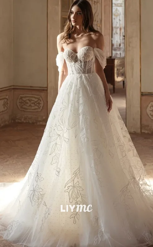 LW474 - A-Line Off-Shoulder Floral Embellished Tulle Tiered Wedding Dress With Sweep Train