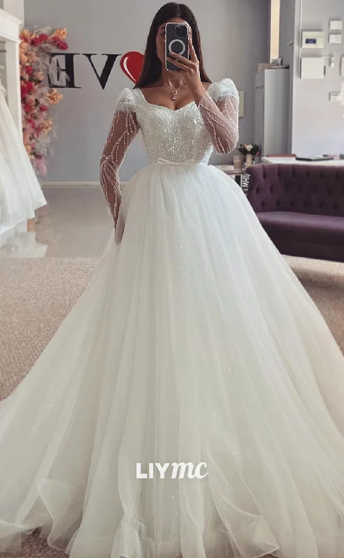 LW438 - V-Neck Cap Sleeves Tulle Tiered A-Line Ball Gown Wedding Dress