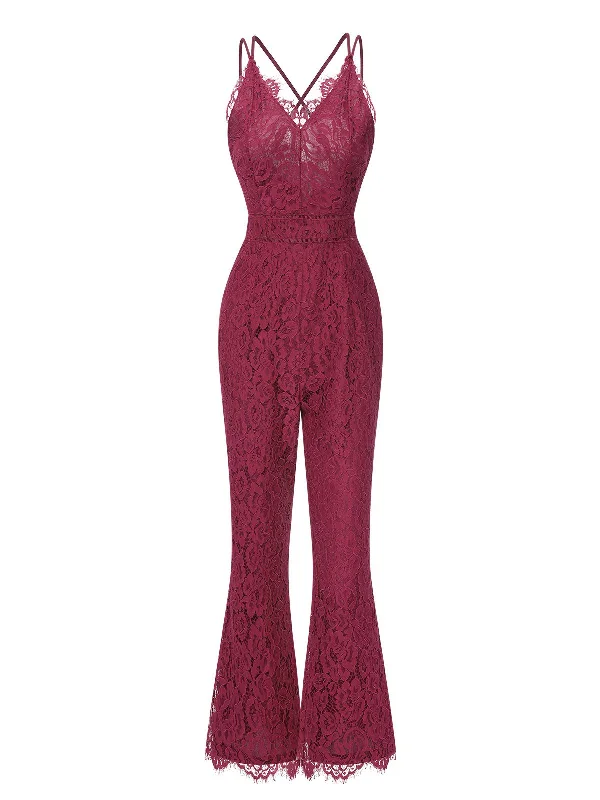 1960s Spaghetti Strap V-Neck Lace Jumpsuit