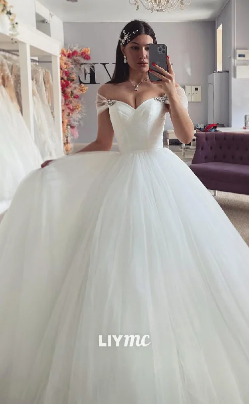 LW433 - Off-Shoulder Sleeveless Tulle A-Line Tiered Ball Gown Wedding Dress