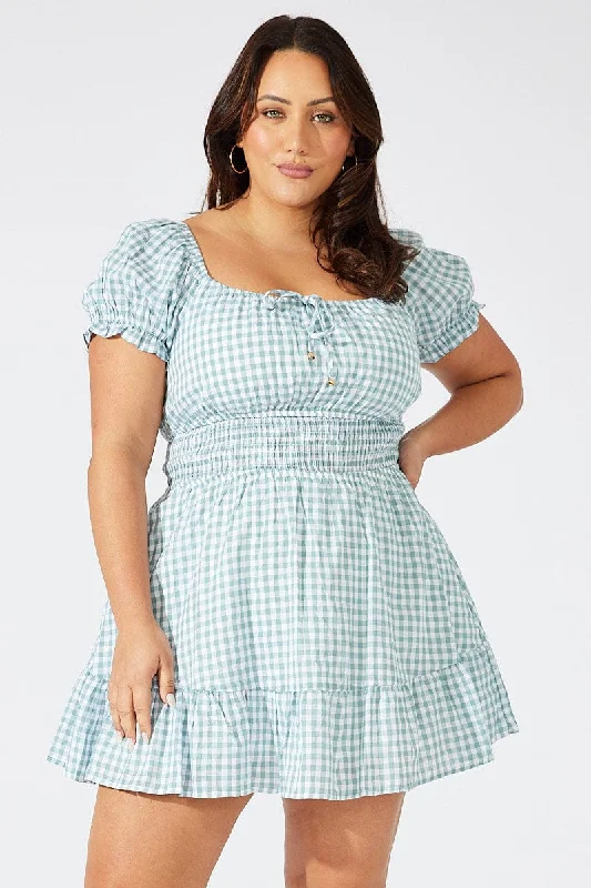 Green Check Fit And Flare Dress Short Sleeve Shirred Waist