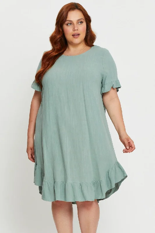 Green Smock Dress Round Neck Short Sleeve Ruffle Hem