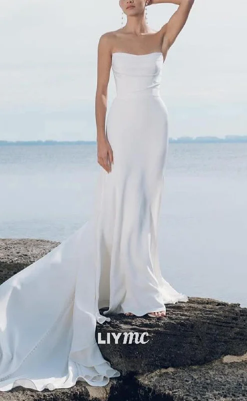 LW848 - Straight Across Sleeveless Sleek Satin Sweep Train Beach Wedding Dress