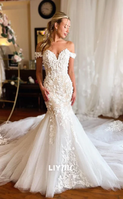 LW915 - Off-Shoulder Sleeveless Lace Appliques Tulle Mermaid Wedding Dress