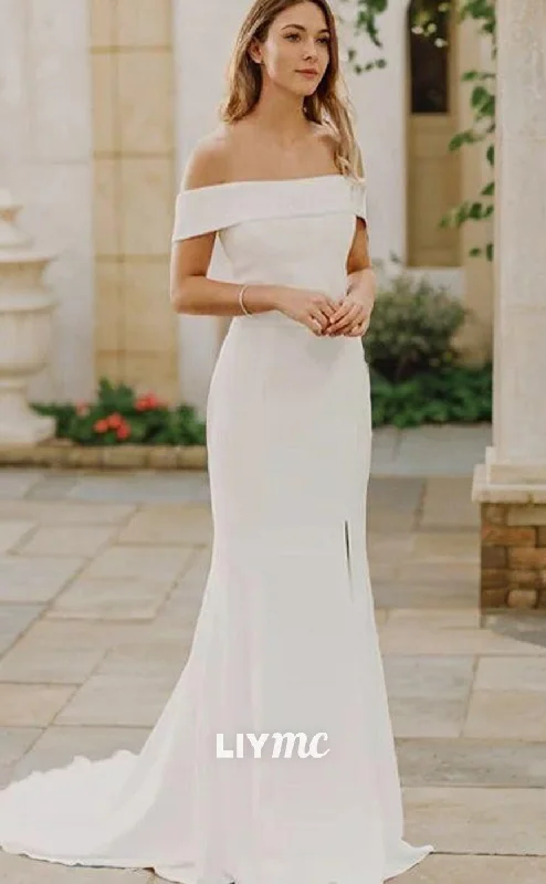 LW573 - Sheath Column Off-the-Shoulder Sweep Train Stretch Crepe Wedding Dresses With Leg Slit