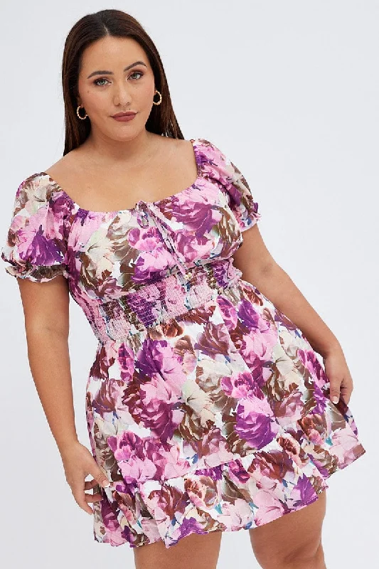 Pink Floral Fit And Flare Dress Short Sleeve Gathered Bust