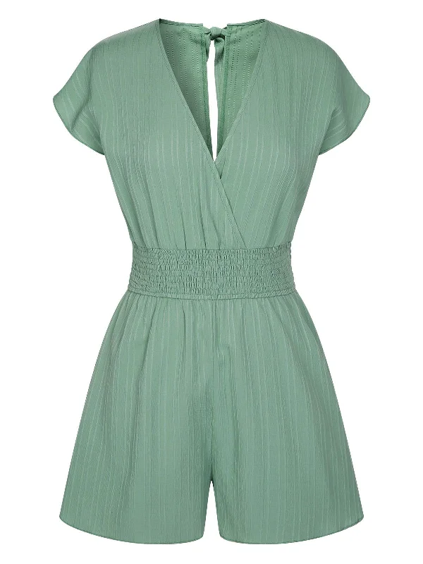 Green 1950s V-Neck Smocked Cap Sleeves Romper