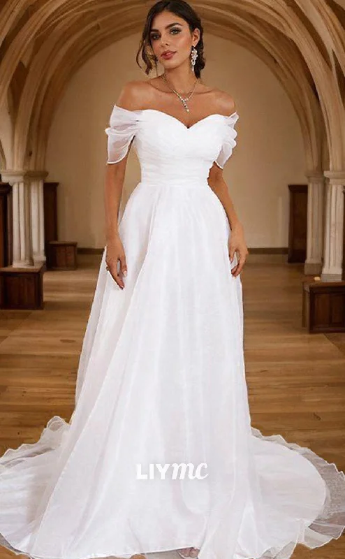 LW639 - A-Line Princess Tulle Ruched Off-the-Shoulder Sleeveless Sweep Train Wedding Dresses