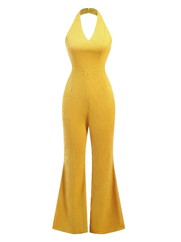 Yellow 1930s Solid Halter Wide Leg Jumpsuit