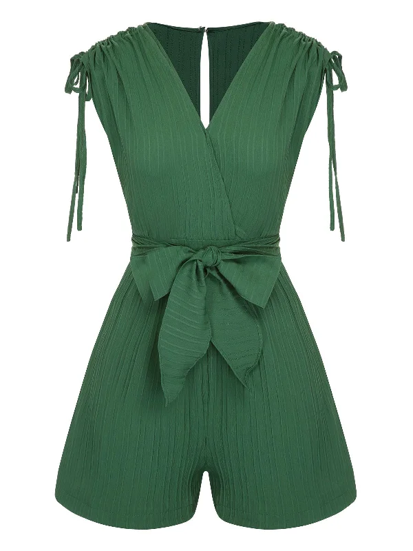 Green 1950s Solid Belt V-Neck Romper