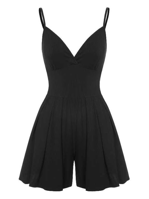 Black 1950s Solid V-Neck Spaghetti Straps Romper