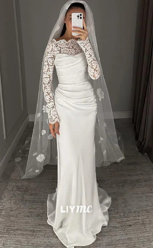 LW481 - Sheath Draped Sleek Satin Lace Long Sleeves Long Wedding Dress With Sweep Train