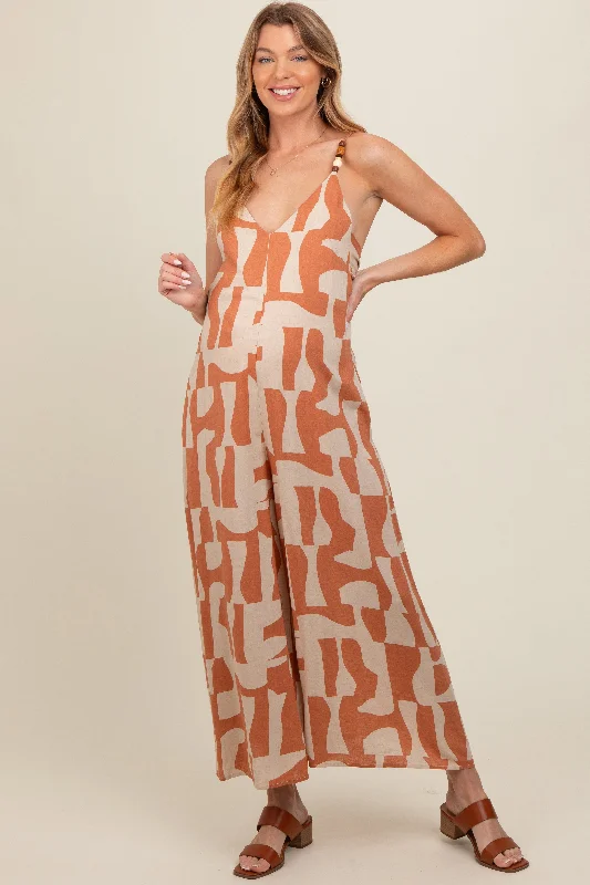 Camel Abstract Print Wide Leg Maternity Jumpsuit