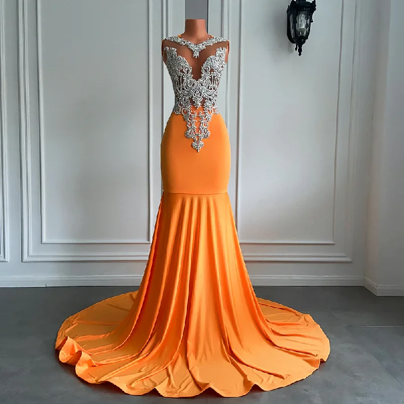 Long Orange Prom Dresses Sexy Mermaid Style Fitted Silver Beaded Embroidery Orange Spandex Black Girl Prom Formal Gowns