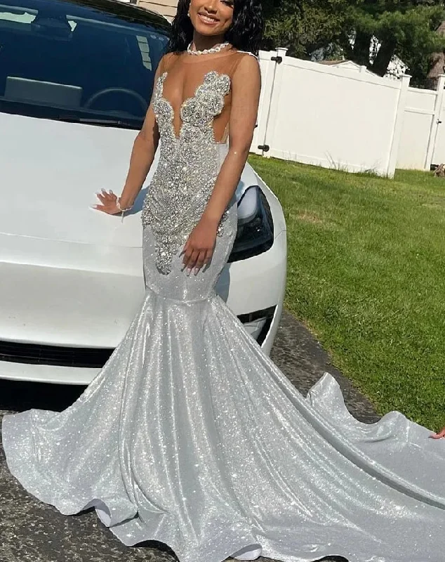 Long Silver Mermaid Prom Dresses 2024 Black Girls vestidos para eventos especiales evening dresses woman elegant