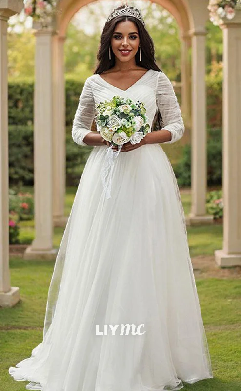 LW616 - A-Line Princess Ruched Sweetheart Tulle Sleeves Sweep Train Wedding Dresses