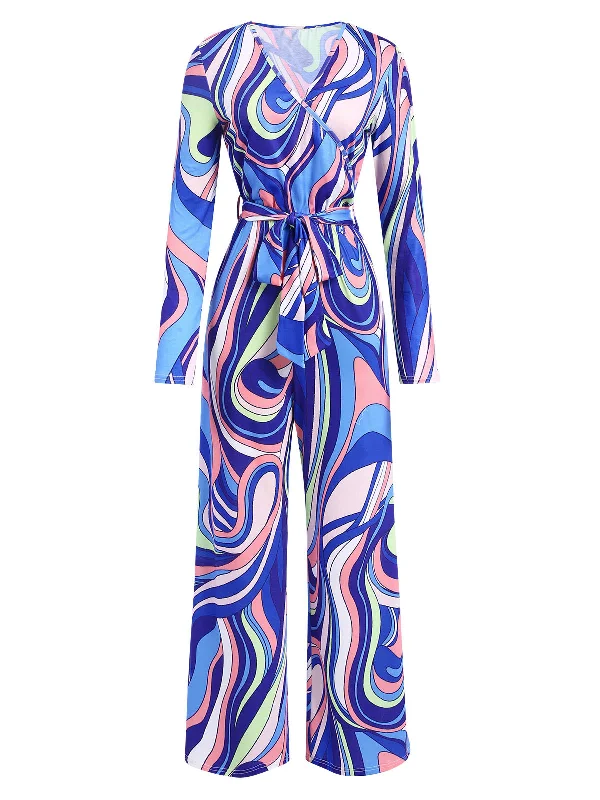 Blue 1980s Psychedelic Print Tie-Waist Jumpsuit