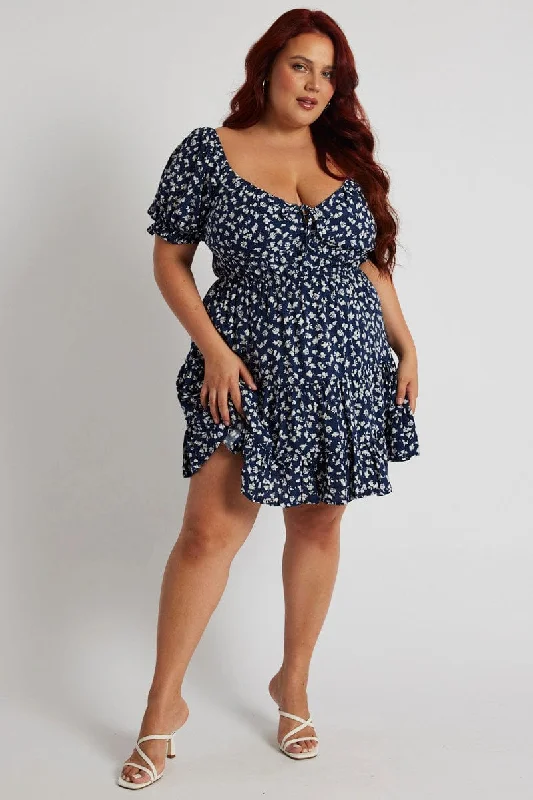 Blue Ditsy Fit And Flare Dress Short Sleeve Tiered Lace Up