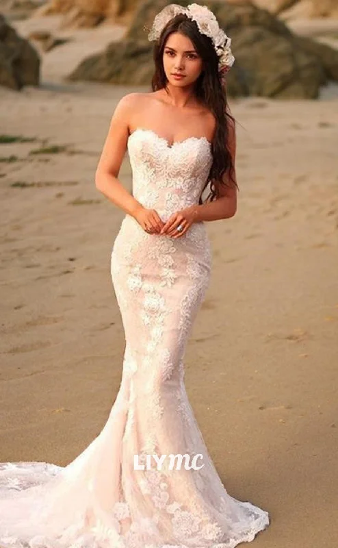 LW567 - Trumpet Mermaid Sweetheart Sweep Train Lace Wedding Dresses With Appliques Lace