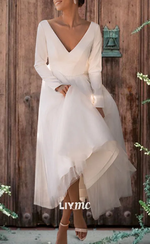 LW693 - V-Neck Long Sleeves A-Line Sleek Satin Beach Wedding Dress