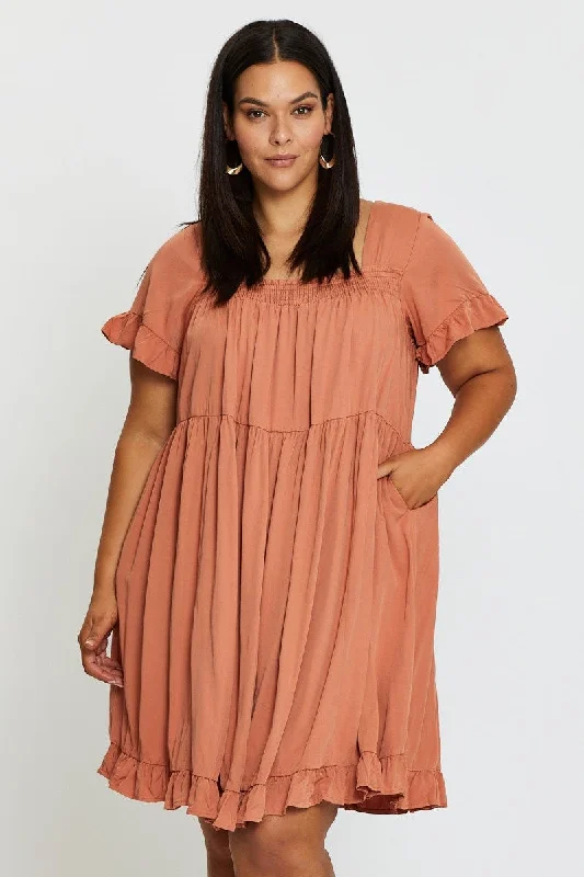 Orange Smock Dress Square Neck Short Sleeve Ruffle