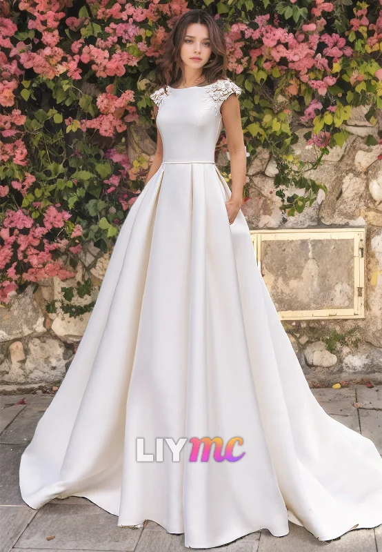 LW909 - Scoop Cap Sleeves Floral Embellished A-Line Sleek Satin Wedding Dress