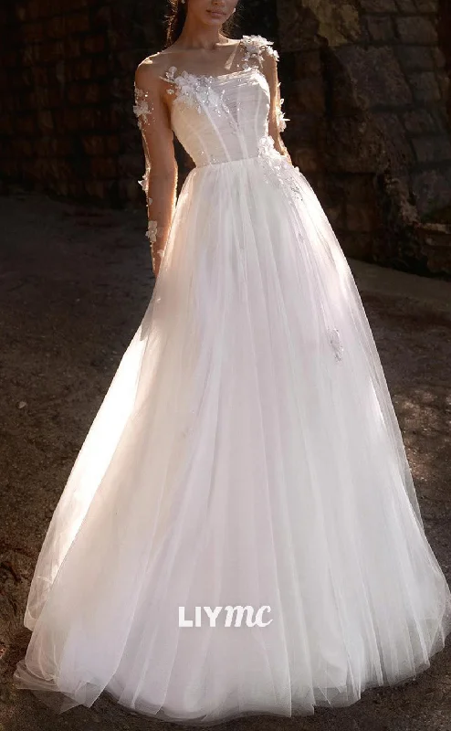 LW868 - Straight Across Sheer Sleeves Floral Embellished Pearl Beaded A-Line Wedding Dress