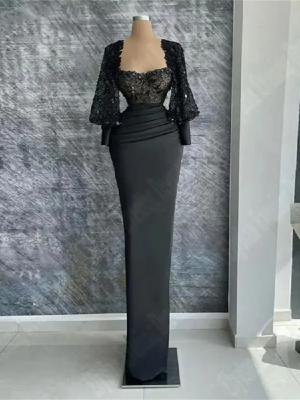 Black Lace Long Sleeve Women Evening Dresses Sexy Soft Satin Formal Party Prom Gowns Newest Celebrity Ball Vestido De Noche