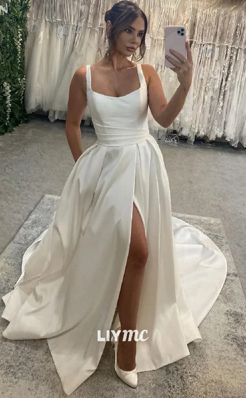 LW470 - Chic & Modern A-Line Square Satin High Slit Wedding Dress With Court Train