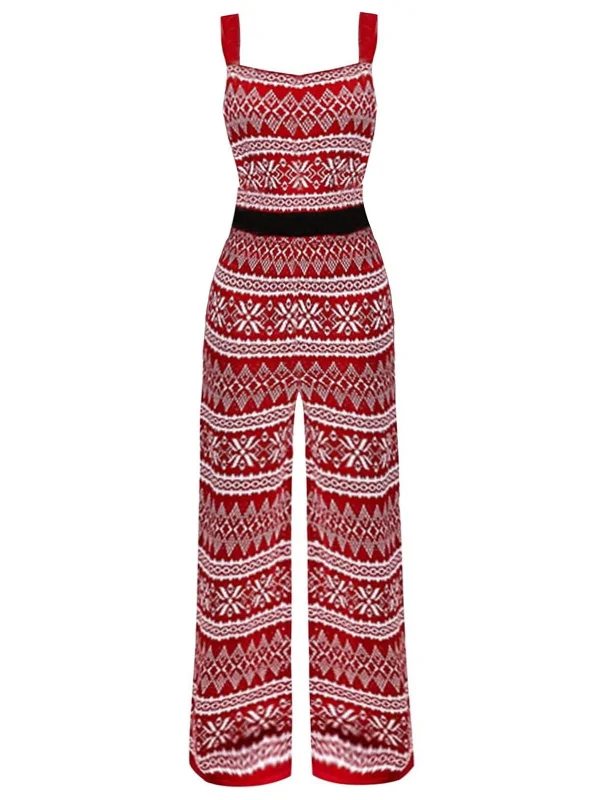 Red 1970s Christmas Straps Knitted Jumpsuit