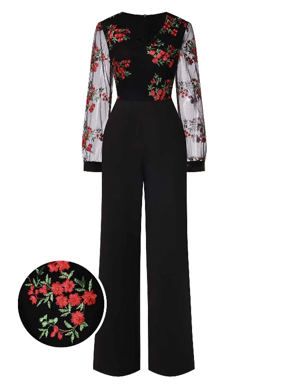 Black 1970s Embroidered Floral Jumpsuit