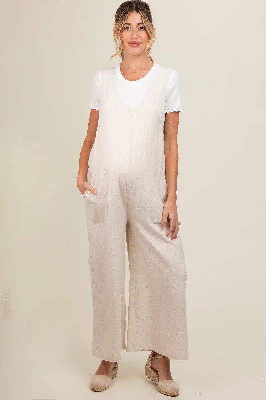 Beige V-Neck Wide Leg Maternity Jumpsuit