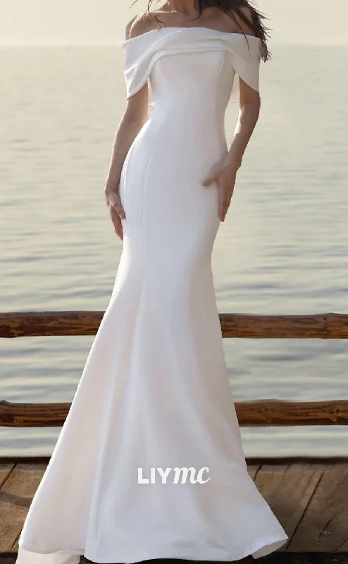 LW689 - Classic Off-Shoulder Sleek Satin Mermaid Beach Wedding Dress