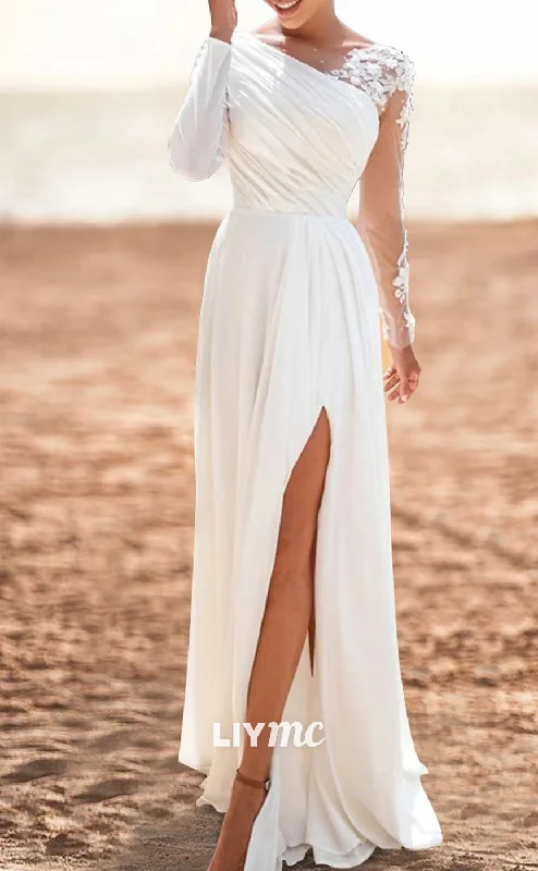 LW678 - Asymmetrical Appliques Pleated Sleek Satin Side Slit Beach Wedding Dress