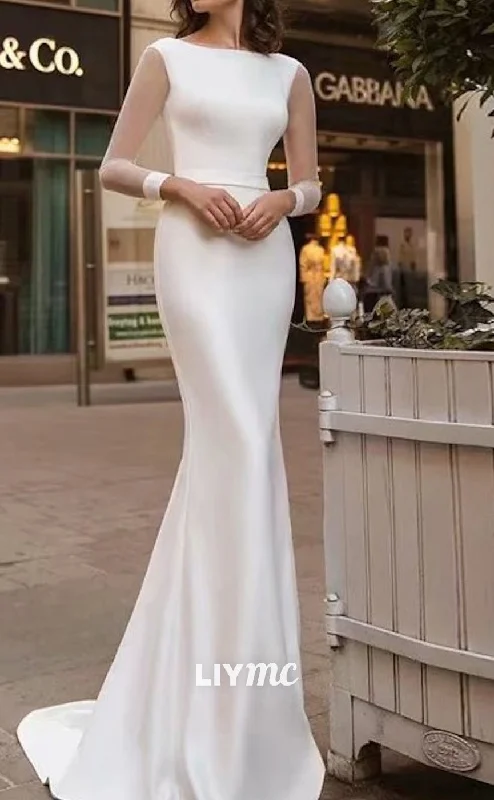 LW683 - Bateau Long Sleeves Sleek Satin Mermaid Beach Wedding Dress