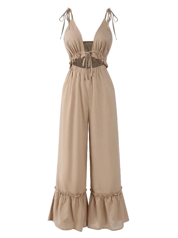 Khaki 1970s Cutout Ruffles Wide Leg Jumpsuit