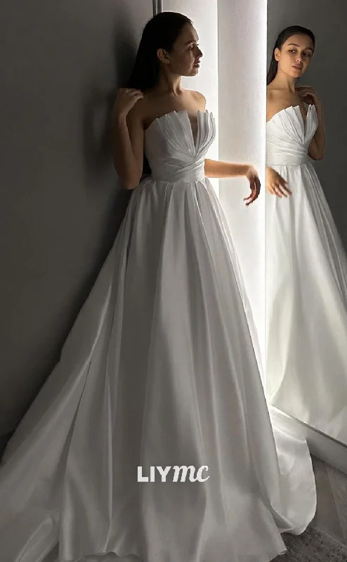 LW482 - A-Line Strapless Draped Sleek Satin Wedding Dress With Court Train