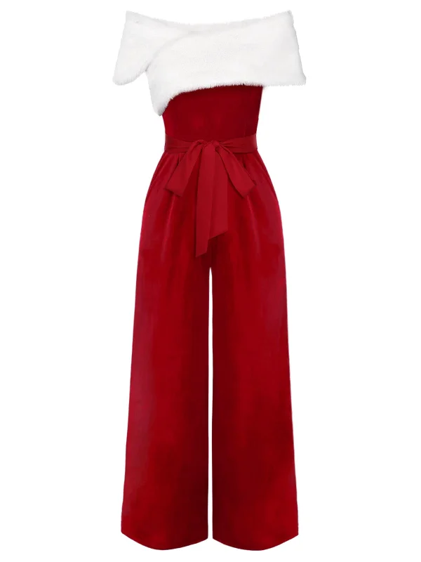 Red 1960s Off-Shoulder Faux Fur Velvet Jumpsuit