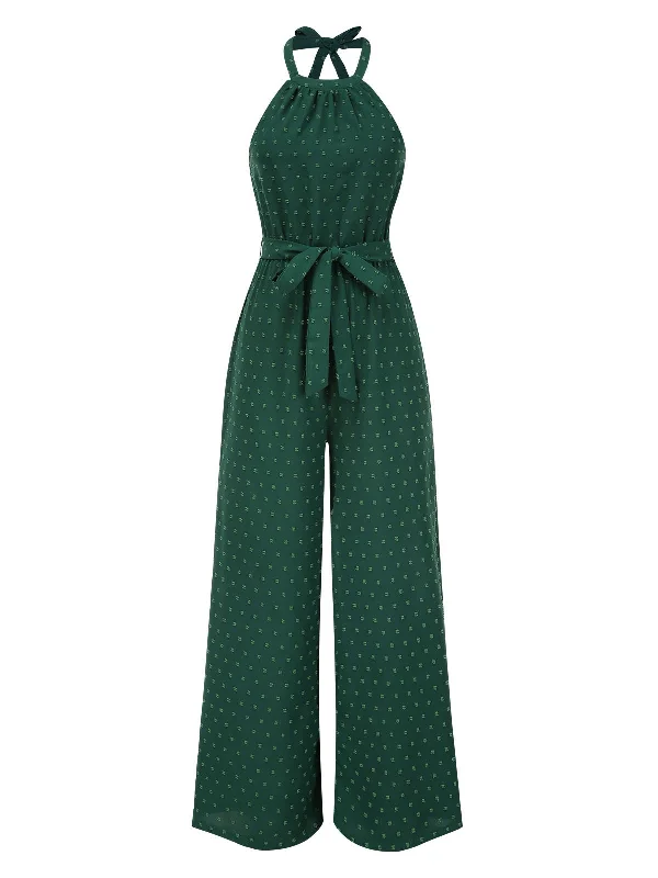 Green 1970s Crew Halter Polka Dots Jumpsuit