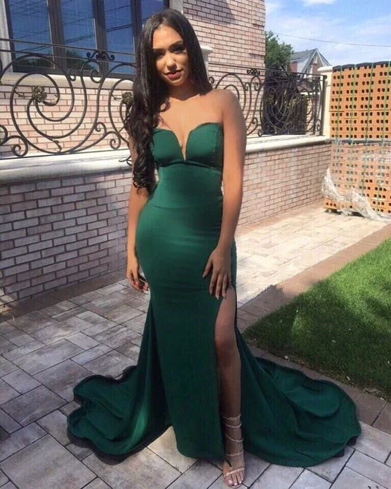 Green Strapless Mermaid Split Long Prom Dresses With Sweep Train, Mermaid Green Formal Dresses, Evening Dresses