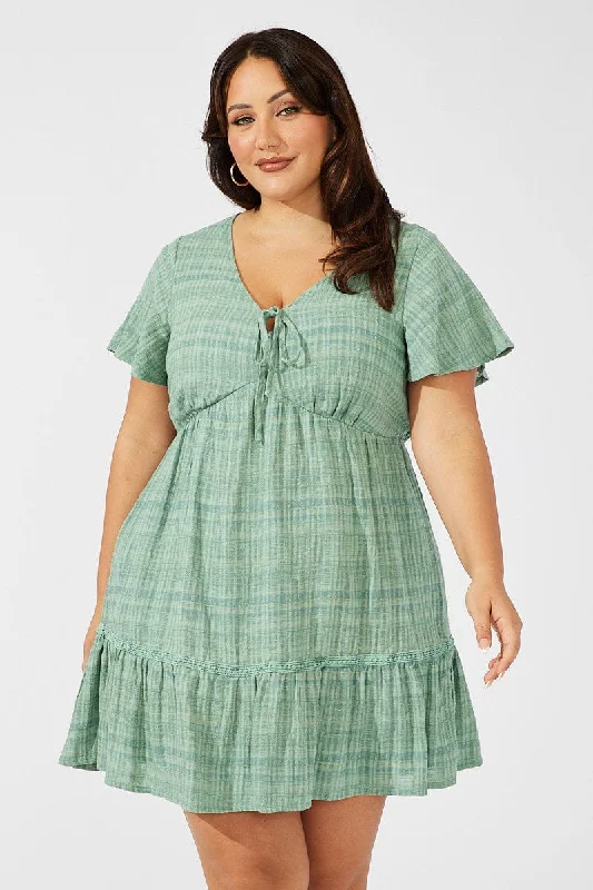 Green Smock Dress Short Sleeve Textured