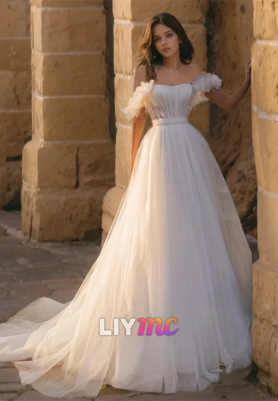 LW844 - Off-Shoulder Feathered Sleek Tulle A-Line Ball Gown Wedding Dress