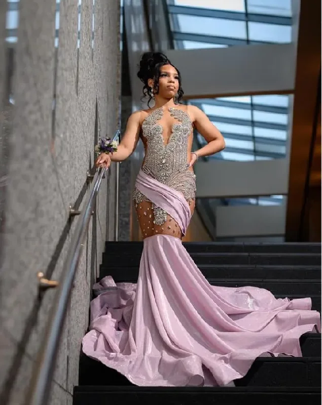 Lavender Pink Sparkly Long Evening Formal Dresses for Black Girl 2024 Luxury Diamond Gillter Sheer Prom Birthday Gala Dress