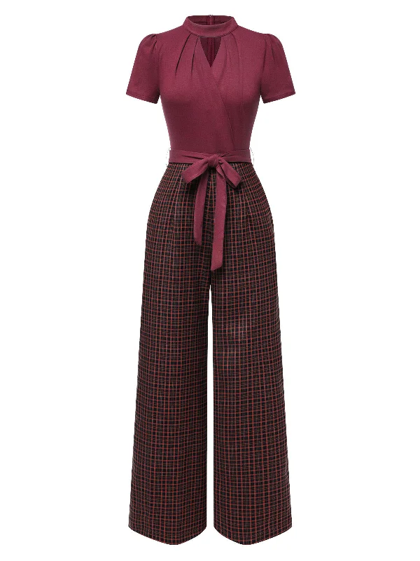 Red 1930s Plaid Keyhole Neck Belted Jumpsuit