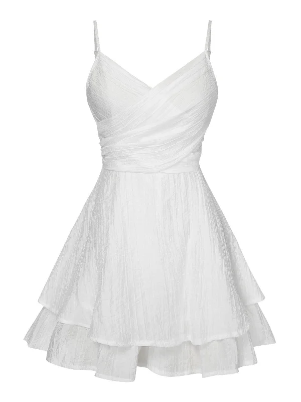 White 1950s Solid Spaghetti Straps Skirt Romper