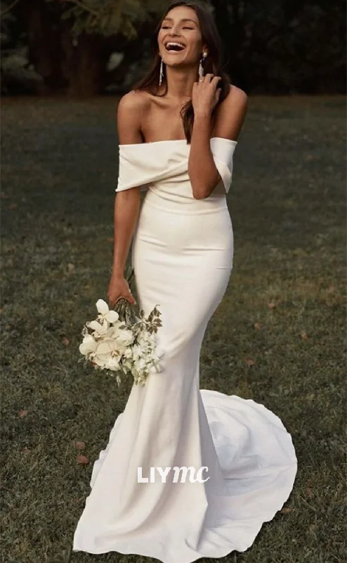 LW605 - Off-Shoulder Sleek Satin Bodycon Sweep Train Mermaid Beach Wedding Dress