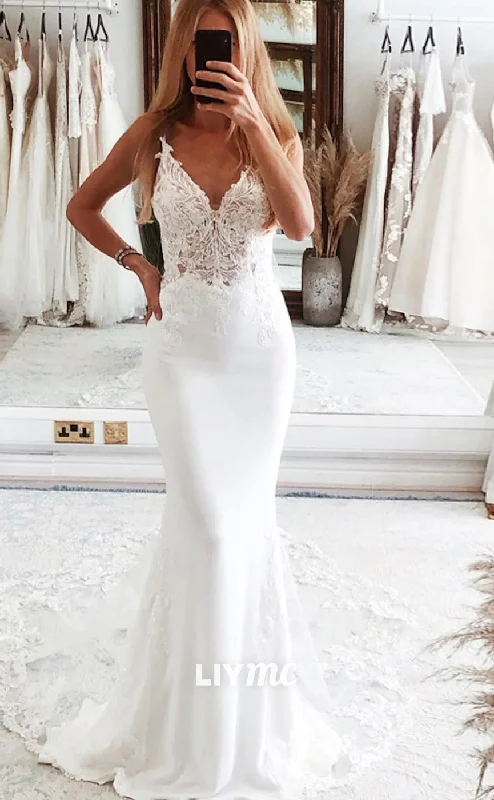 LW680 - Mermaid Lace Appliques V-Neck Spaghetti Straps Beach Wedding Dress