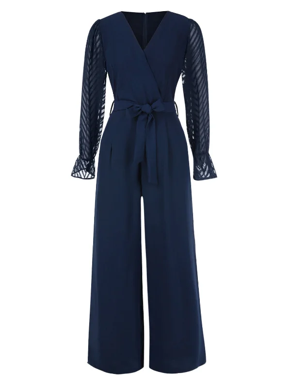 Blue 1960s Curve Stripes Sheer Patchwork Jumpsuit